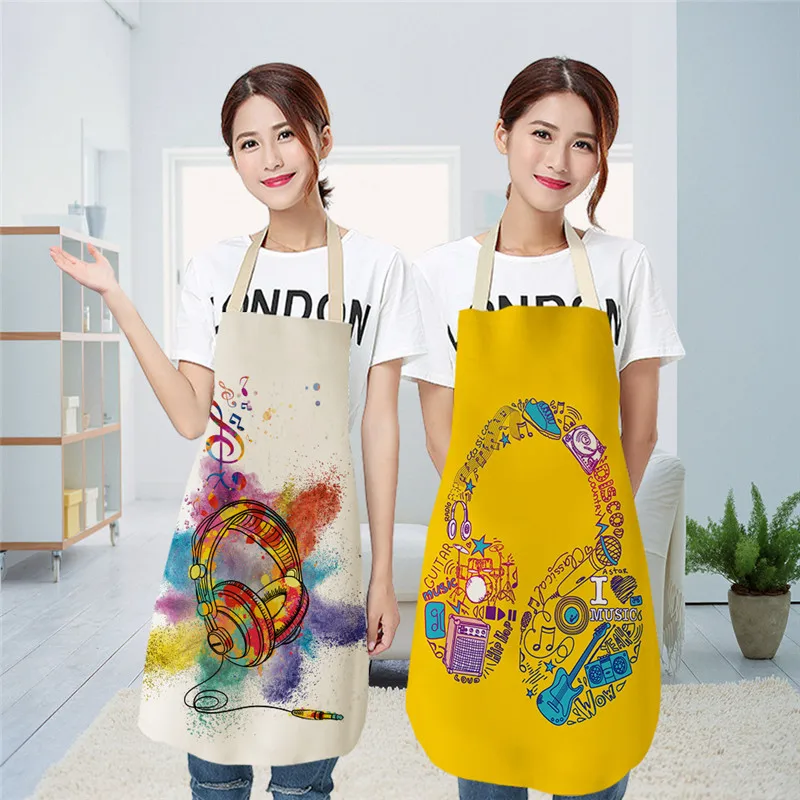 Musical Note Pattern Kitchen Aprons for Woman Man Dinner Party Cooking Cotton Linen Bibs Cleaning Tools | Дом и сад