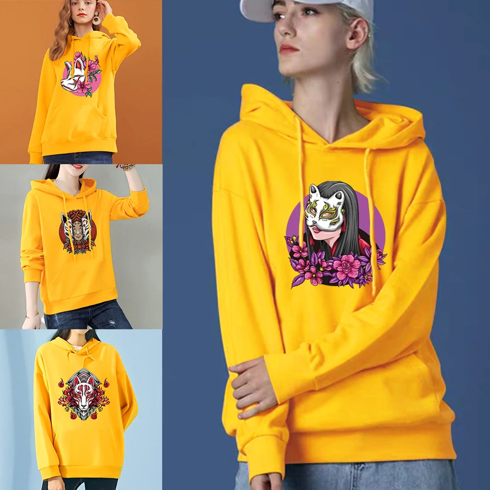 

Women Sweatshirt Hoody Ladies Hooded Mask Printed Casual Pullovers Long Sleeve Spring Autumn Student Couples Clothes Streetwear