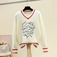 women pullover woolen knit tops sexy v neck sweet love long sleeve jumper white sweaters jersey striped letter lady knit clothes