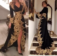 kaftan dubai style muslim evening dresses long sleeves black velour gold appliques ladies formal prom gowns 2019 robe de soiree