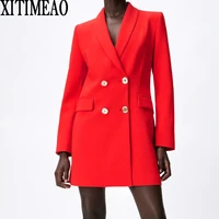 xitimeaoza women spring autumn fashion double breasted red slim long blazers coat vintage long sleeve female outerwear