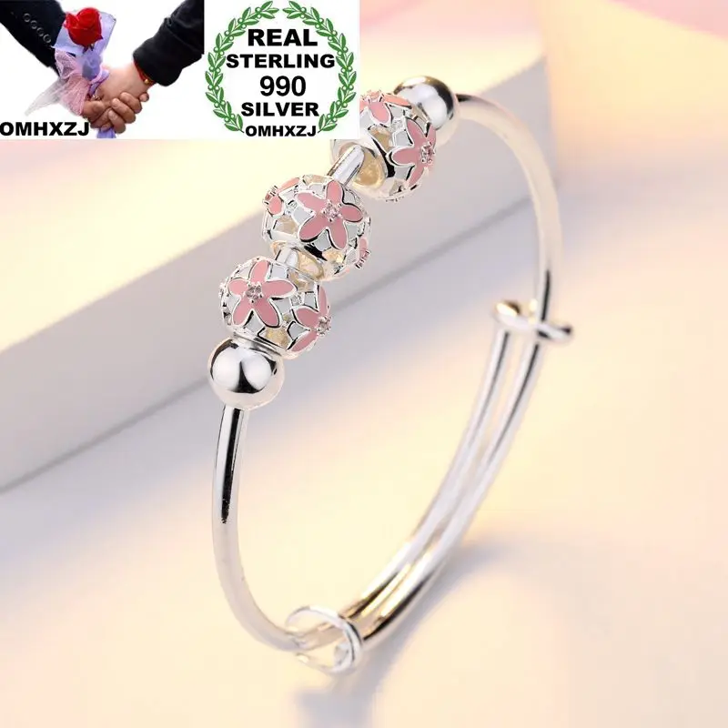 

OMHXZJ Wholesale European Fashion Woman Girl Party Wedding Gift Flower Beads Resizable 925 Sterling Silver Cuff Bangle BA13