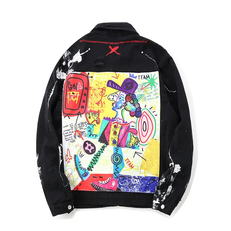 

Рваная джинсовая куртка с принтом Ван Гога в стиле граффити, Повседневная Уличная одежда в стиле хип-хоп Харадзюку, модная Потертая джинсов...