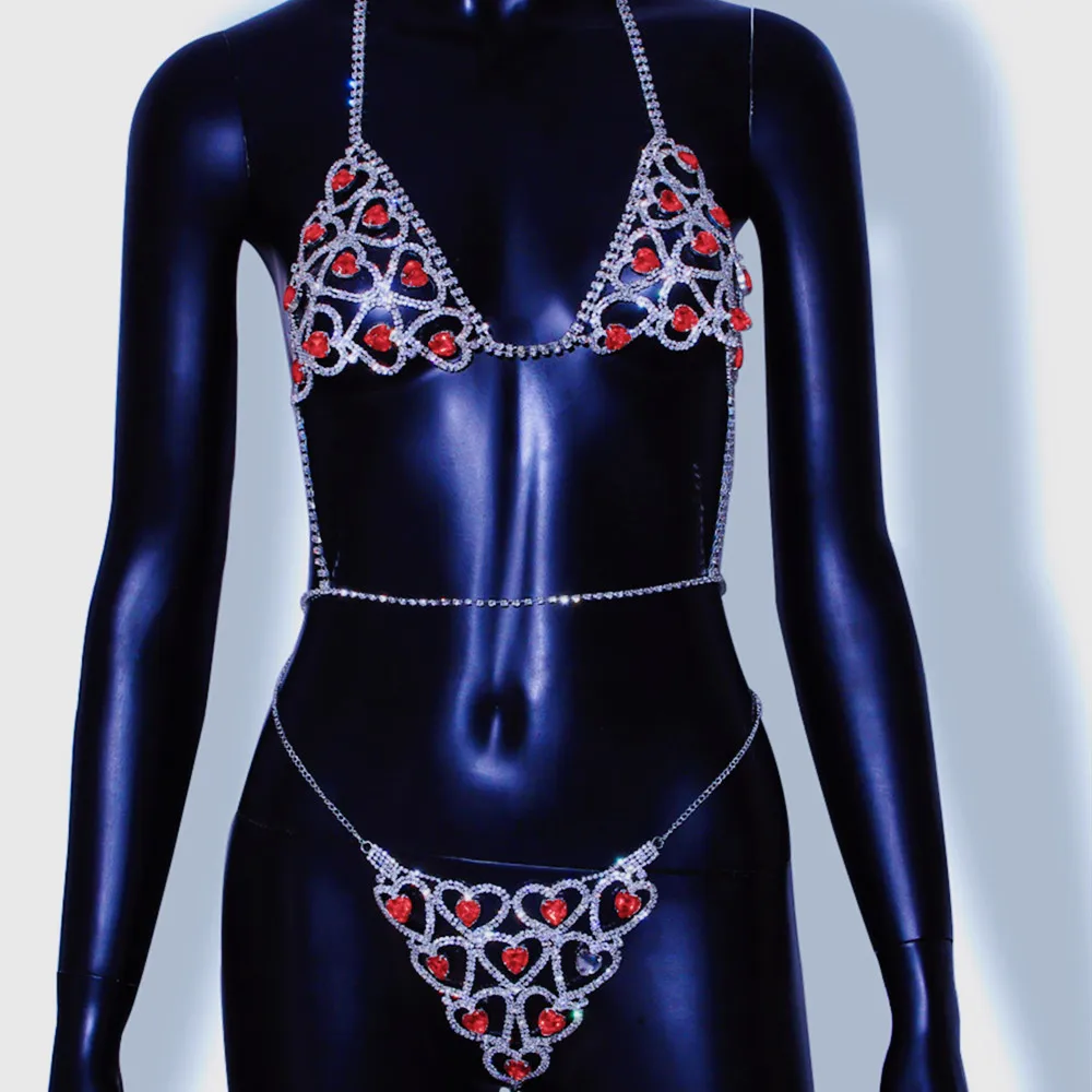 

Sexy Red Heart Rhinestone Waist Body Harness Chain Bra and Thong Jewelry for Women Luxury Crystal Underwear Thong Panties Bikini