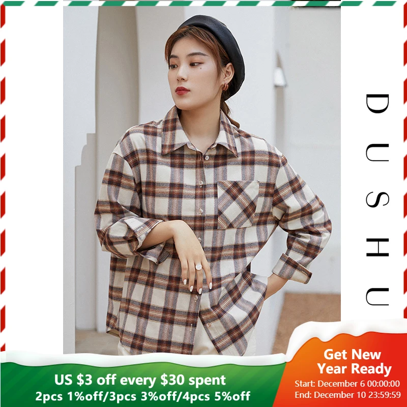 

Блузка DUSHU Женская в клетку, Повседневная Уличная одежда, 100% хлопок, топ оверсайз, винтажная Свободная рубашка, Осень-зима