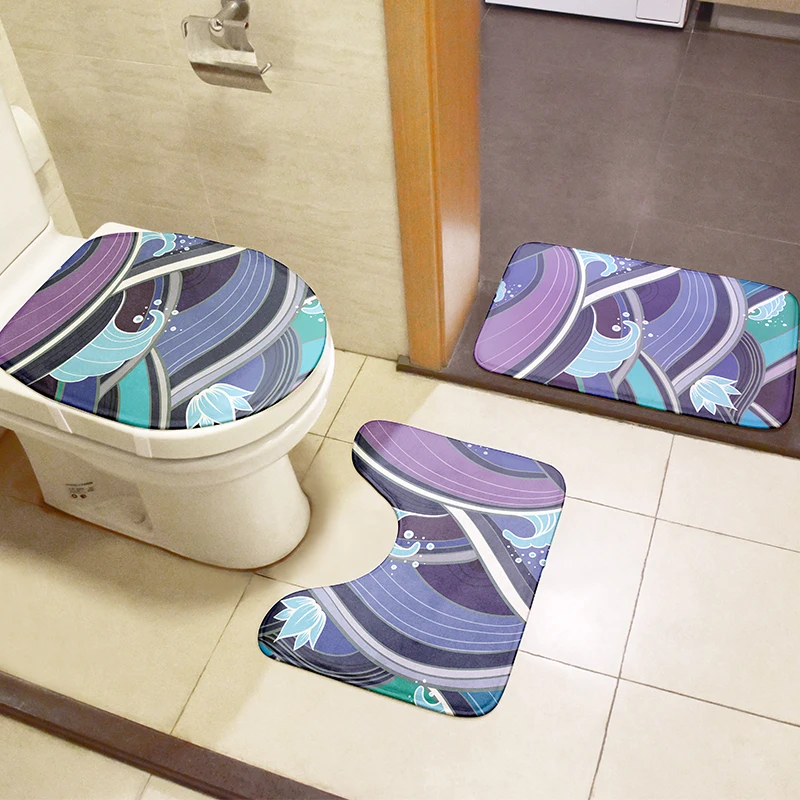 

The New Toilet Cover Cover 3 Piece Bathroom Non-slip Cushion Cover Shower Decorative Carpet Ukiyo-e Wave Carpet Toilet Cushion