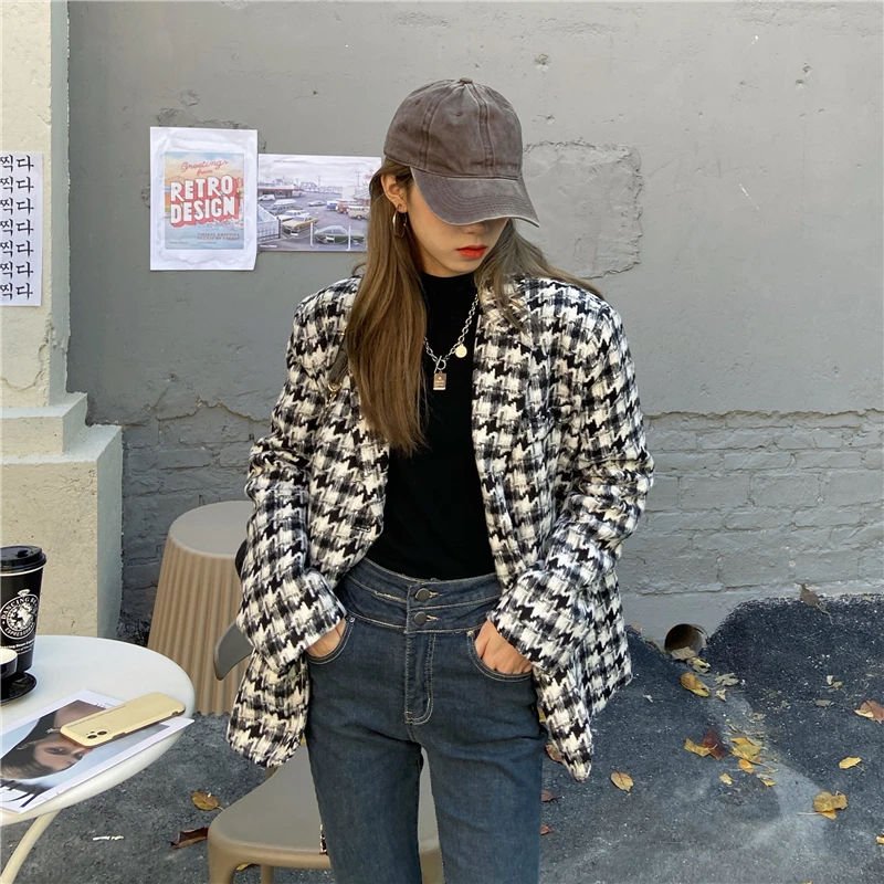 

2021 Spring Autumn Jacket For Women Plaid Wool Suit Single Breasted Tailored Collar Loose Blazer Long Femme Fashion B6