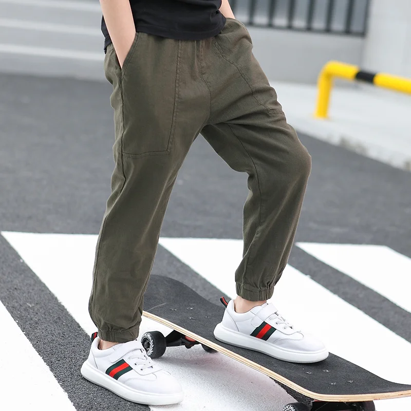 Teen Boy's Pants Kids Spring Autumn Solid Cotton Full Trousers Casual Slim Stretch Jogger Sweatpants 6-16 Years - Цвет: Зеленый