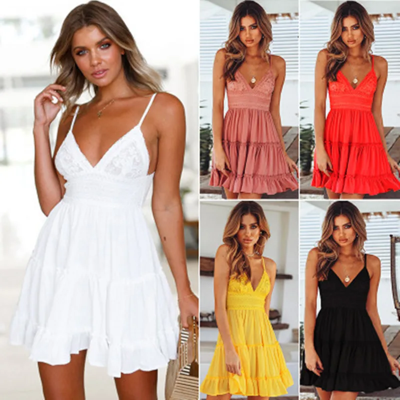 

Erotogenic Summer sexy deep V-neck spaghetti with open back women's dress fashion solid lace patchwork Empire women's Mini Dress