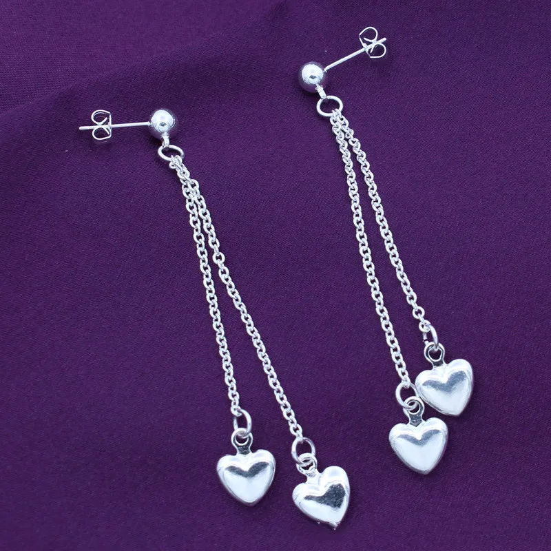 

925 Sterling Silver Jewelry Double Heart Pendant Earrings Woman's Classic Clothes With Gifts ES271