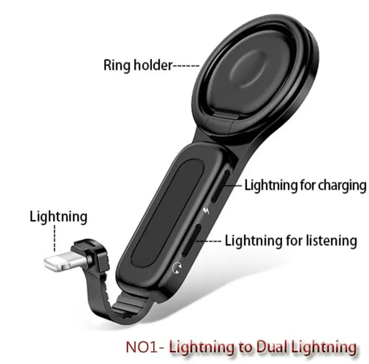 

Dual Apple Interface Ring Bracket Adapter USAMS 3.5mm Audio and Charger Phone Holder 2A Fast Charging OTG Adapter for iPhone iOS