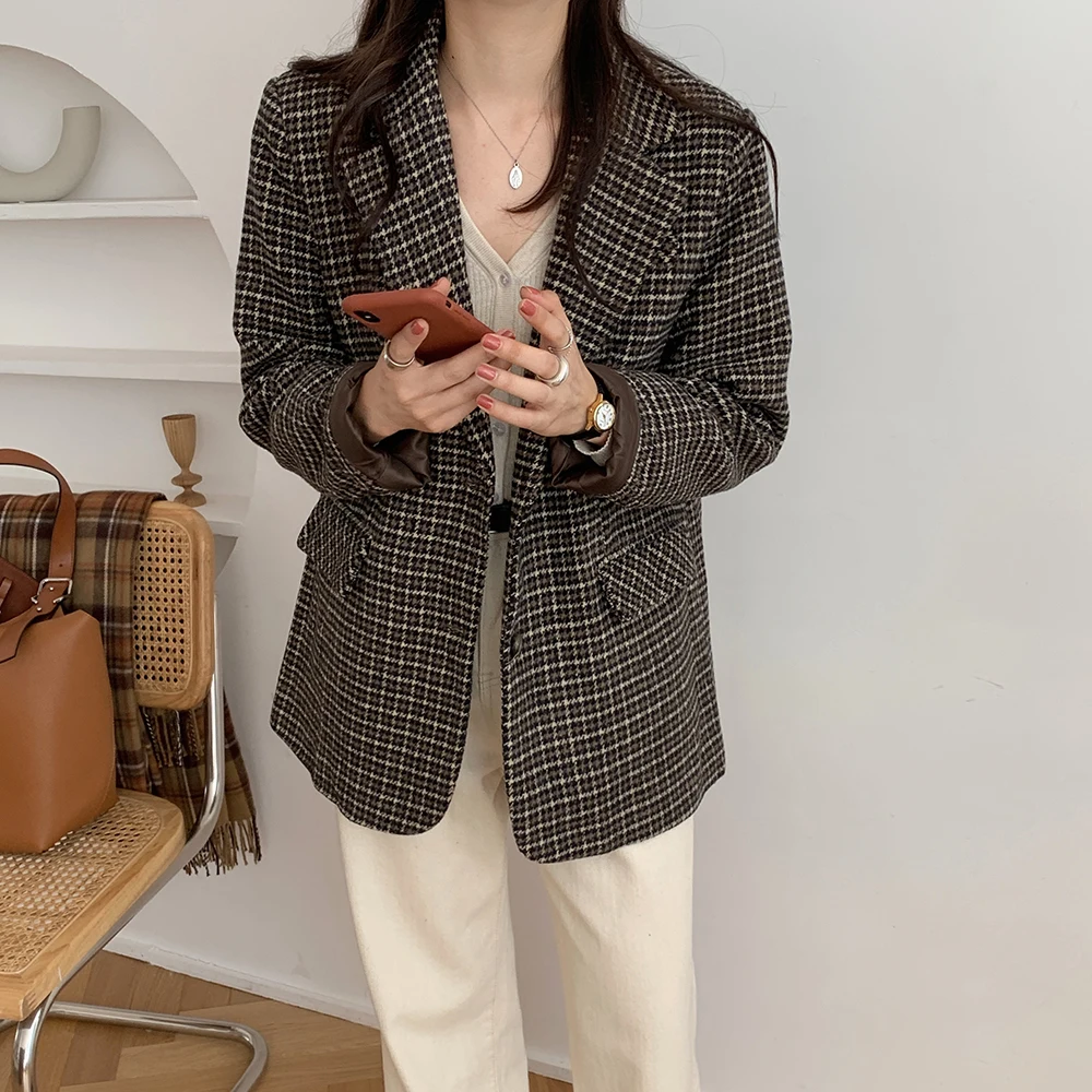 

HziriP OL Notched Vintage Plaid Woolen Blazer Jacket Minimalist New Autumn Winter Classic Formal Women Blazers Warm Suit Coat