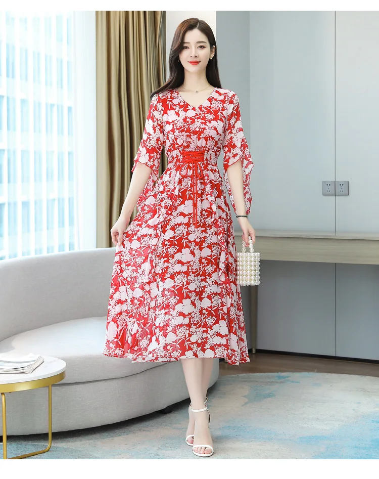 

Dresses For Women Summer 2021 Sukienka Midi Chiffon Dress Casual Robe Tunics Floral Short Sleeve Green Red Long V Neck Vestidos