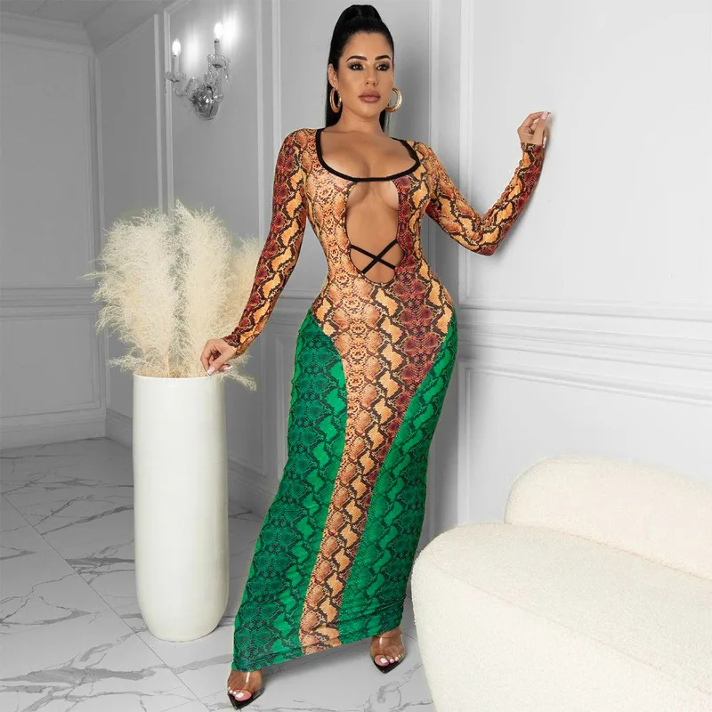 

Women's 2021 autumn new print hit color sexy V-neck hollow dress women