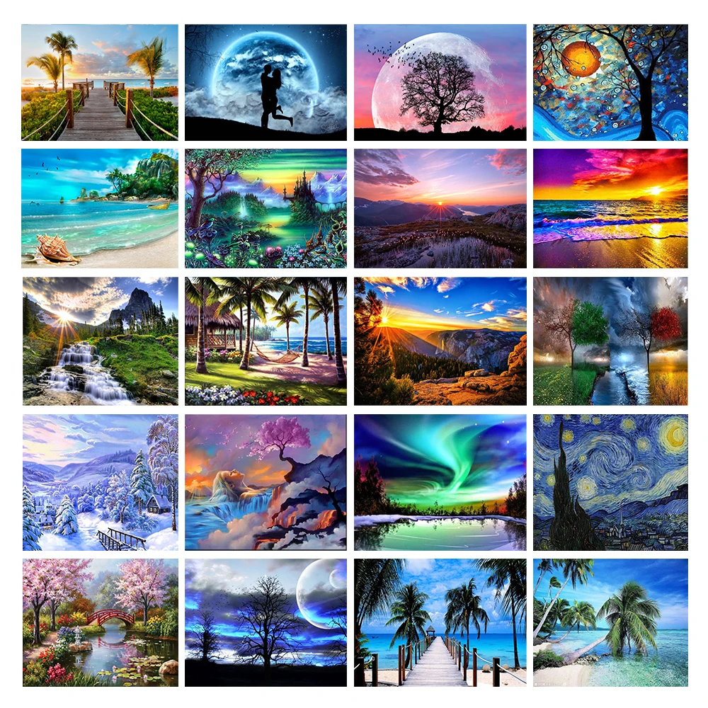 

DIY 5D Diamond Painting Round Scenery Cross Stitch Kit Embroidery Coconut Tree Picture Mosaic Art Rhinestone Decoration Gift
