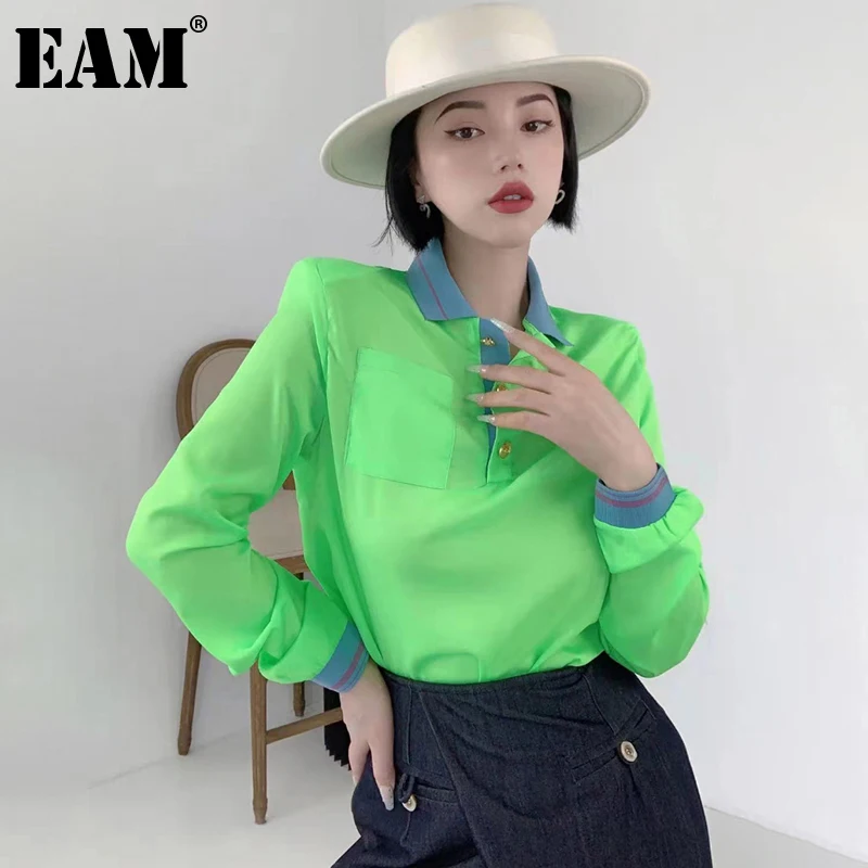 

[EAM] Women Green Shoulder Padded Cool Blouse New Lapel Long Sleeve Loose Fit Shirt Fashion Tide Spring Autumn 2022 1DE1613