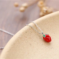 925 sterling silver korea japan style jewelry necklace charming cute red enamel strawberry trend pendant necklace for women girl