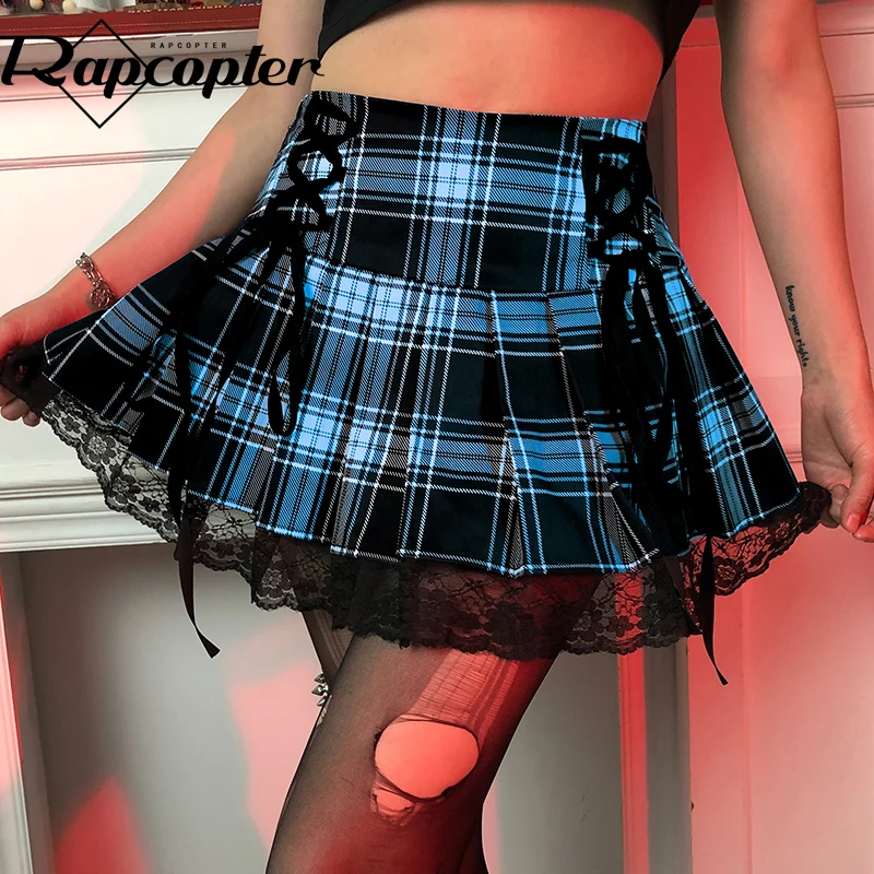 

Rapcopter Plaid Printed Skirts Lace Frill Pleated Skirts y2k Aesthetic Mini Skirts Cross Tie Up Cute Outfits Women Vintage Skirt