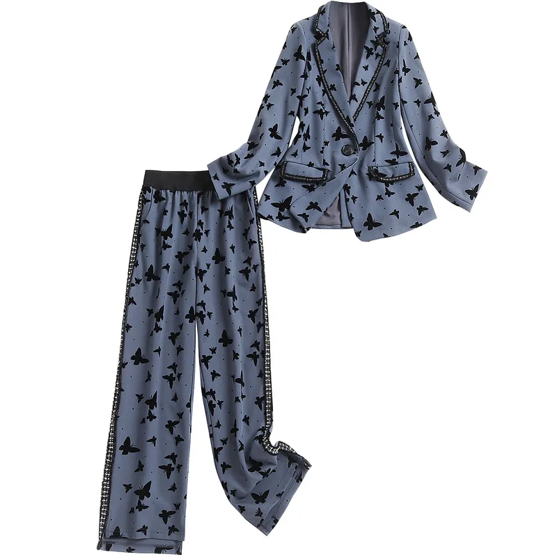 

Set Piece Women Butterfly 2 Autumn Suit Fashion Jacket +Straight Pants Office Lady Single Button Turn-down Collar Elastic Waist