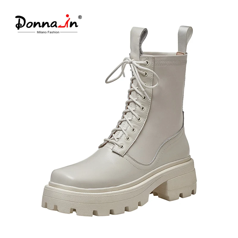 

Donna-in Short Boots Women Shoes Real Leather Platform High Heel Motorcycle Boots Square Toe Lace Up Short Boots Lady size 34-39