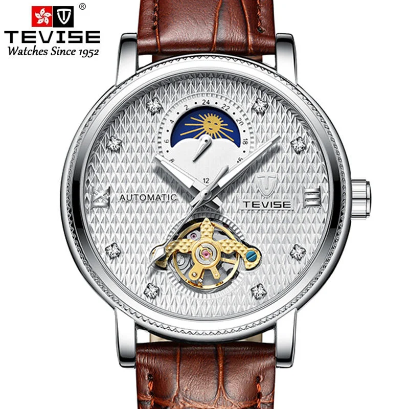 

TEVISE 2021 Business Men Automatic Mechanical Watch Time Moon Phase Display Fashion clock Casual Luminous Hands Male Wrist watch