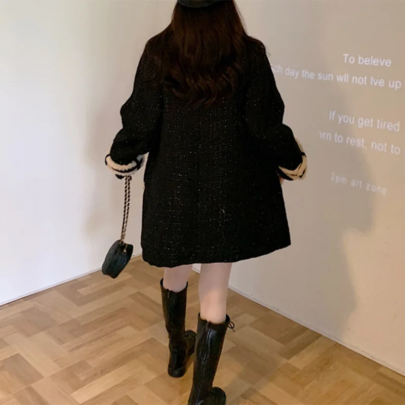Женское твидовое пальто с карманами винтажное уличное теплое длинными рукавами