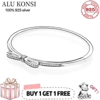 hot sale 100 real 925 sterling silver pan bracelet for women fit original design bowknot bangle diy high quality jewelry