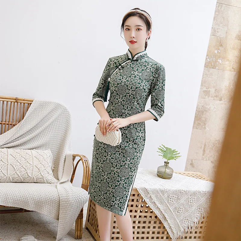Женское элегантное Замшевое платье Qipao с изысканным принтом и кружевной отделкой