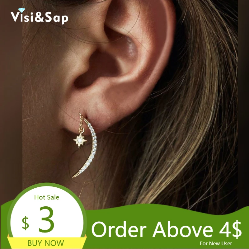 

Visisap Gold Colour Star Crescent Earrings for Women Fascinating Fashion Micro Inlaid Zircon Stud Earring Muslim Jewelry E211