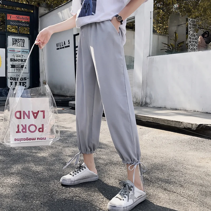 

Женские летние свободные шифоновые драпированные брюки CEC с высокой талией, широкие брюки из ледяного шелка, свободные шаровары с тесьмой, л...