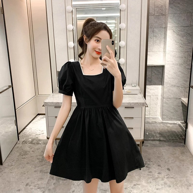 

Pearl Stitching Square Collar Dress Women's 2021summer New Small French Style Temperament Slimming High Waist Skirt