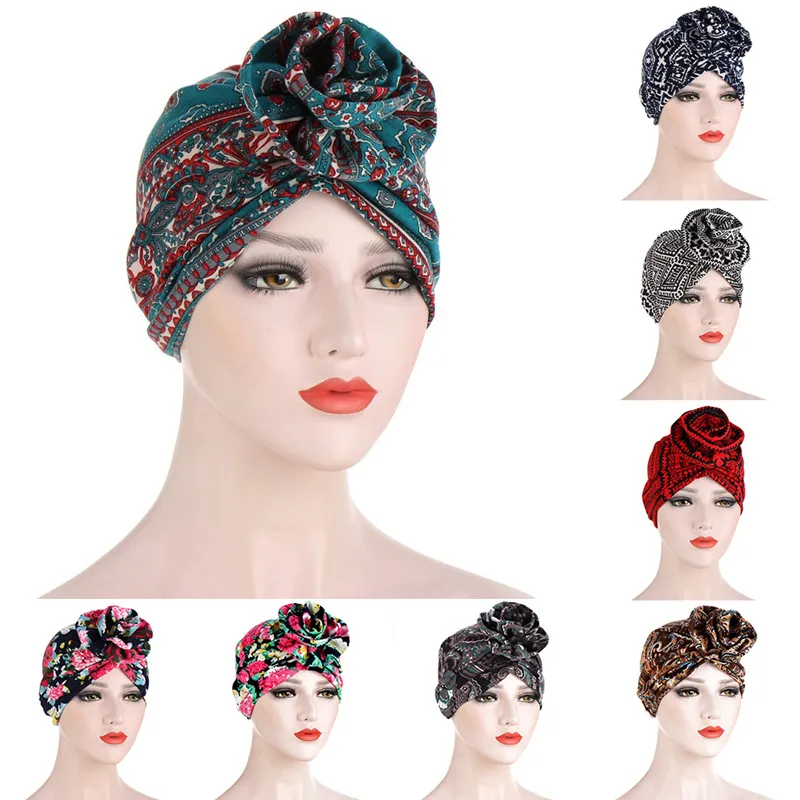 

2020 New Fashion Bohemia Bonnets Women African Vortex Knot Pattern Print Fabric Bonnets Hat Ladies Turban
