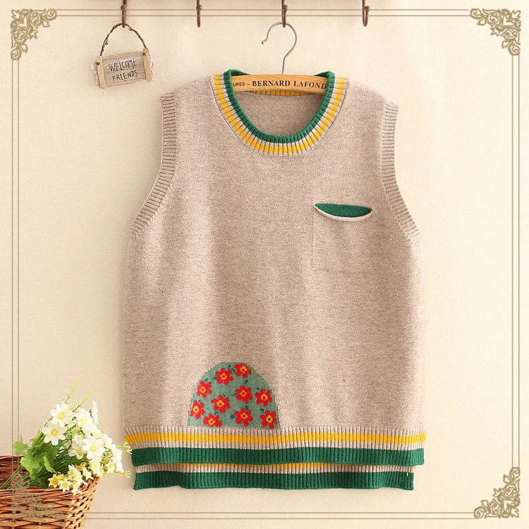 Autumn sweater Sen female loose short Slim wild vest round neck color matching bottoming top |