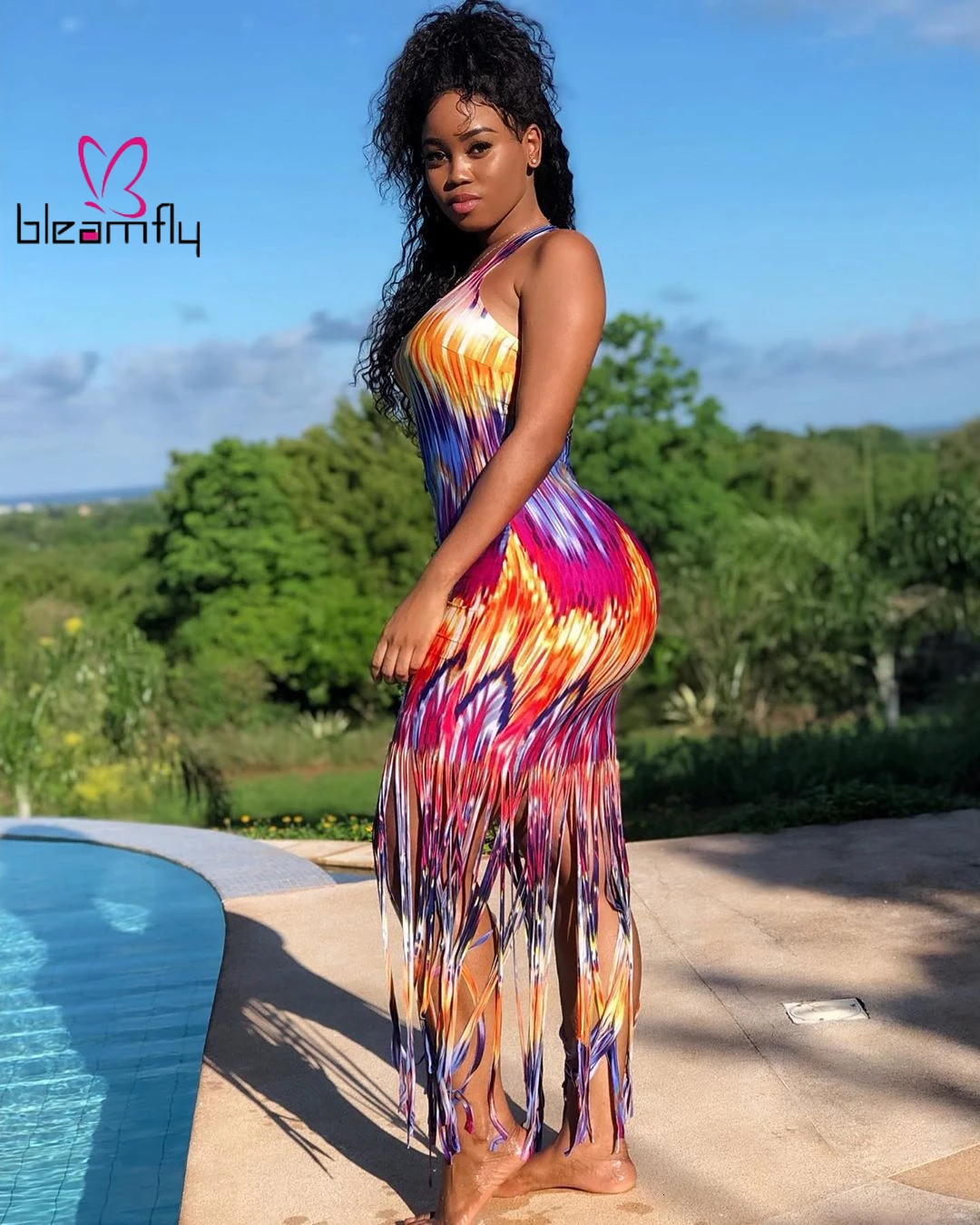 Осень Для женщин тай дай волна из набивной ткани с кисточками по краю миди