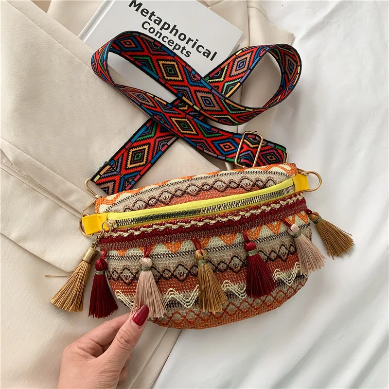 New Ethnic Style Lady Saddle Bag Retro Tassel Small Bag Fashion Wide Shoulder Strap Chest Bag Large Capacity Casual Female Bag