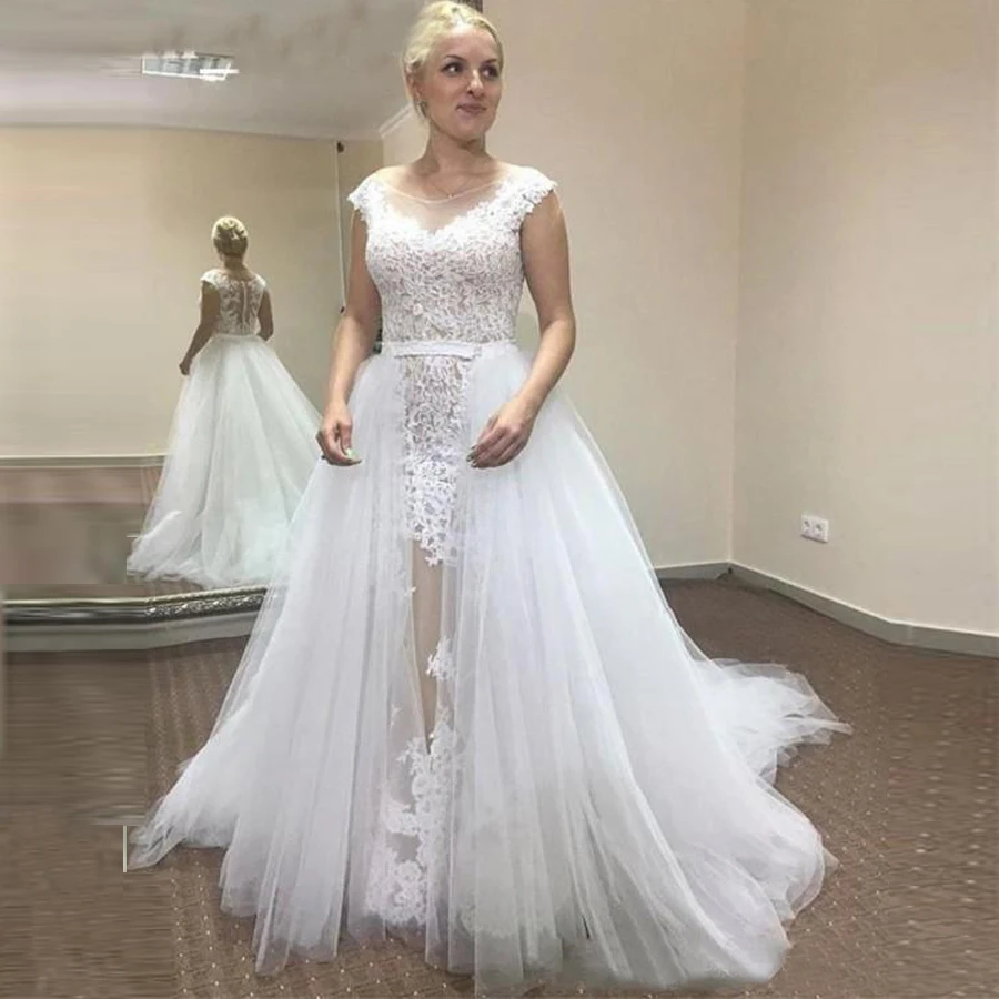 

Кружевное свадебное платье с иллюзионным дизайном, а-силуэт, аппликация, рукав-крылыш со съемным шлейфом, свадебные платья, платье для невес...