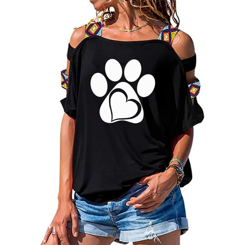 

Creative Paw Heart Cartoon Animal Adopt Dog Print Tee T-shirt Women Top Short Sleeve Female Sexy Hollow Out Shoulder t shirt