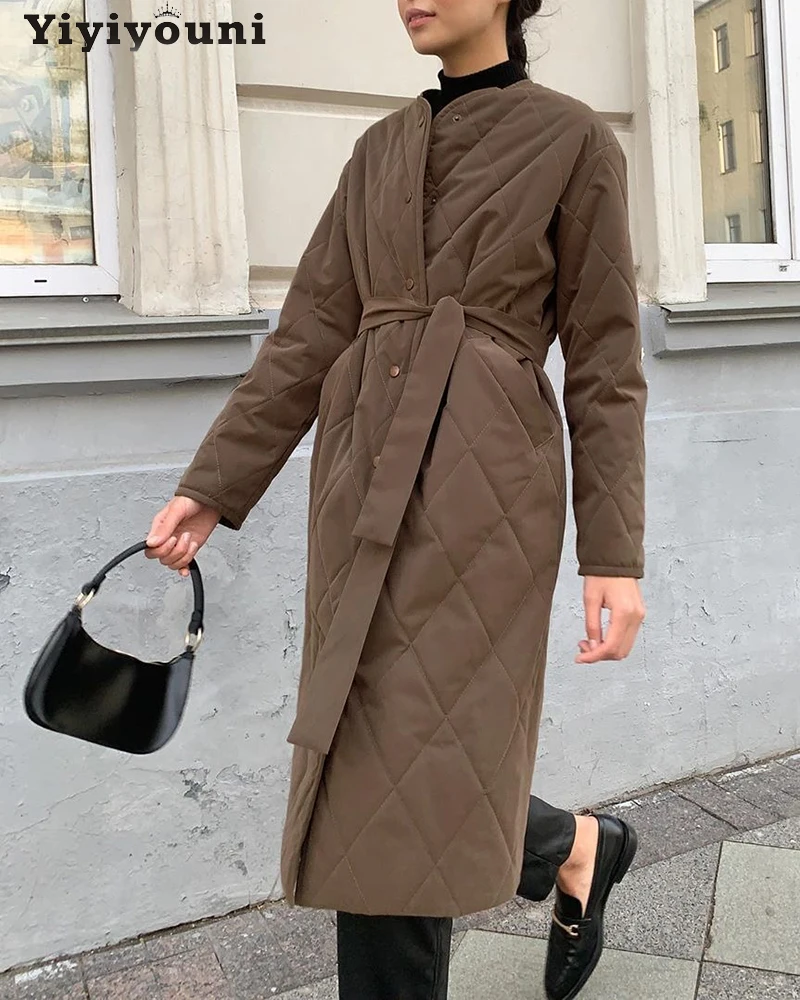 Yiyiyouni Diamond Lattice Long Padded Parkas Women Autumn Winter Belted Cotton Liner Down Jacket Female Elegant Slim Warm Coats