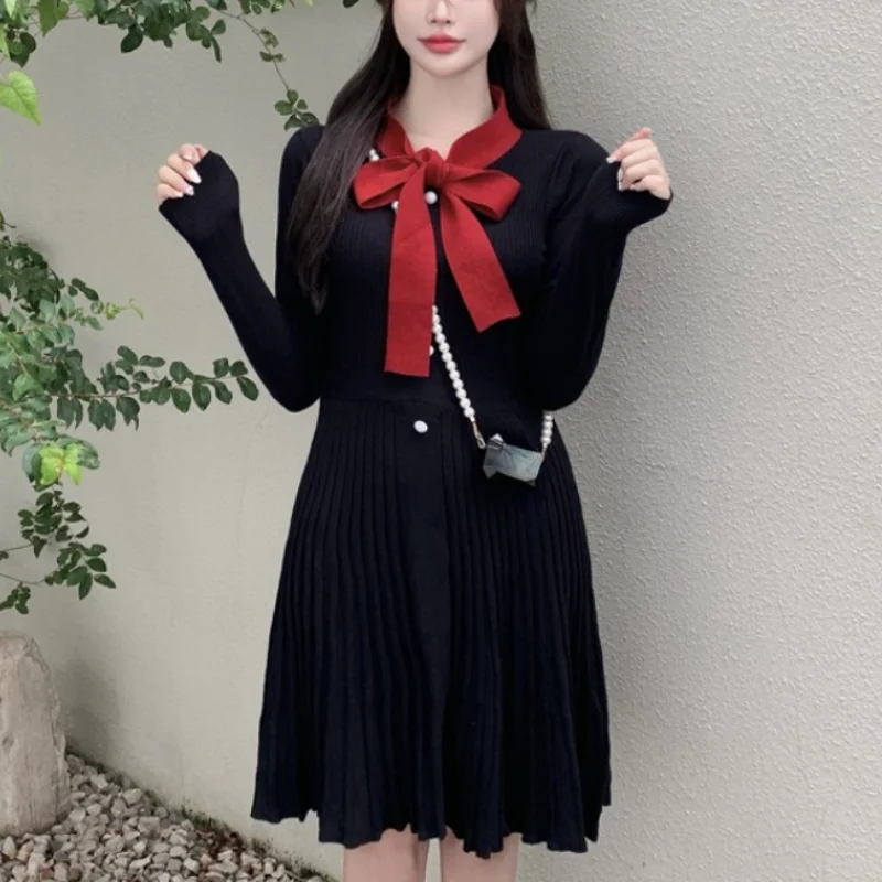 

Вязаное платье-свитер, женское мини-платье Y2k, праздничная кавайная одежда, Женское зимнее однотонное цельнокроеное платье, корейская мода, ...