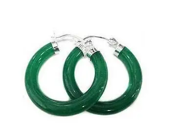 

New Pretty green jade jewelry 925 sterling silver Hoop earring REAL Natural