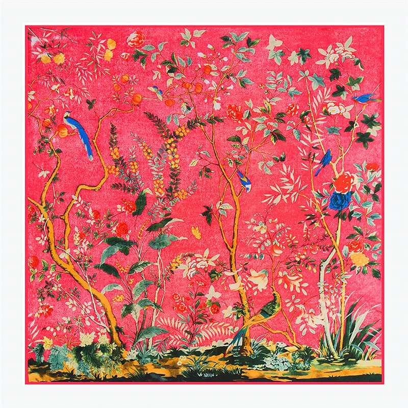 2020 Новый женский Шелковый большой квадратный шарф с принтом цветов и птиц 130 см