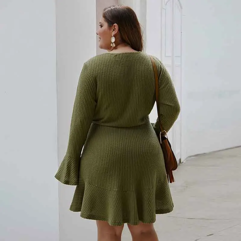 Мода Большой размер 2019 Осень Зима Женское однотонное платье с длинным рукавом