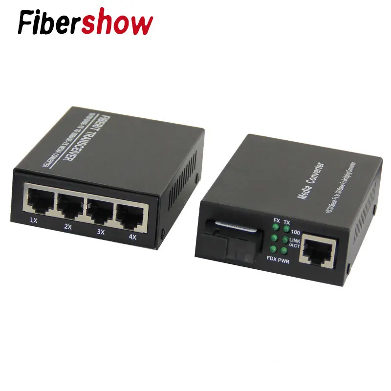 Волоконно оптический медиаконвертер Fast Ethernet одномодовый 20 км 4 RJ45 и 1 SC