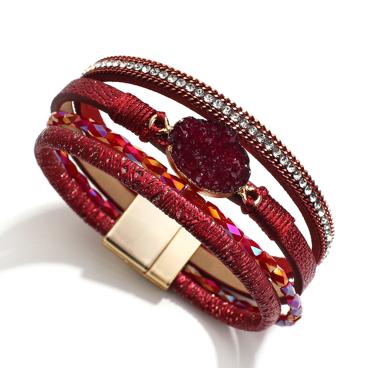 Amorcome Layered Leather Wrap Bracelet Boho Druzy Resin Stone Crystal Bead Charm Bracelets Magnetic Clasp Jewelry Gift for Women |