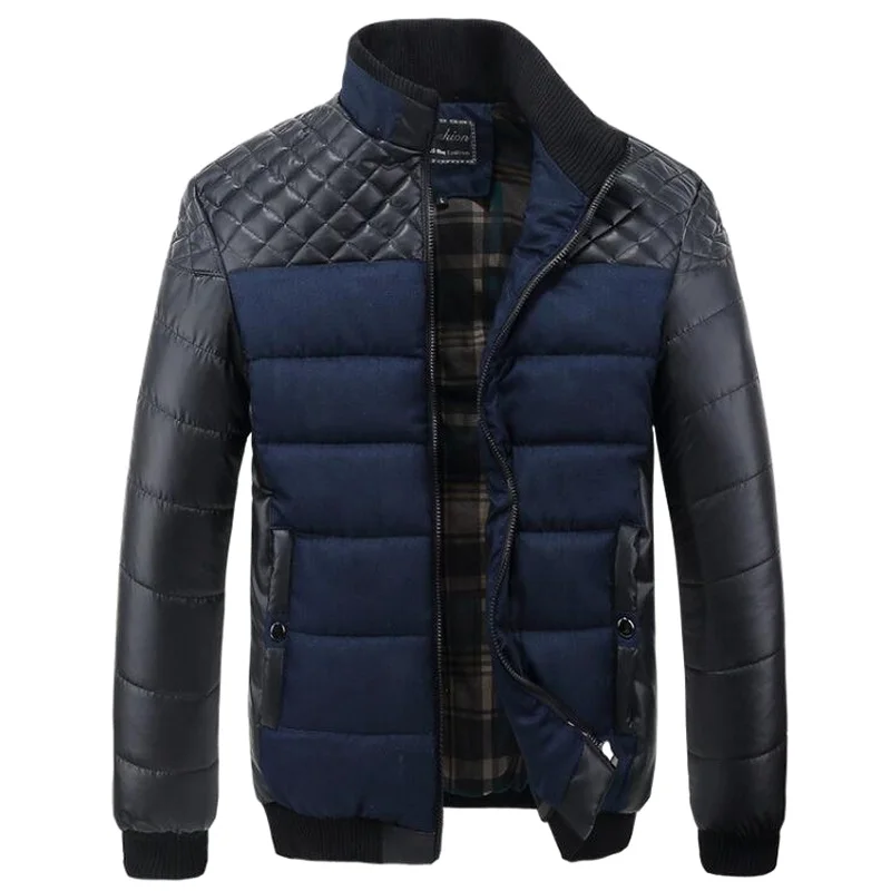 Men Winter Coat Striped Leather Outerwear Men's Thicken Warm Parkas  PU Leather Patchwork Jackets