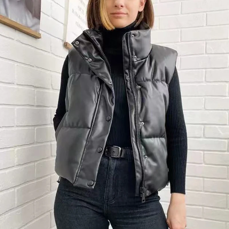 

Vintage Women PU Leather Down Vest Fad Spring-Autumn Vogue Ladies Waterproof Waistcoats Casual Female Chic Outerwear Girls