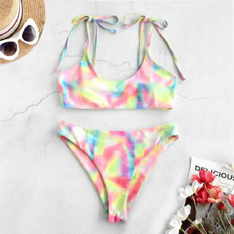 

String Bikini Tie Dye Print Swimwear Women 2020 Swimming Suit White With Black Point Bikini Push Up Tankini Swimsuits Women