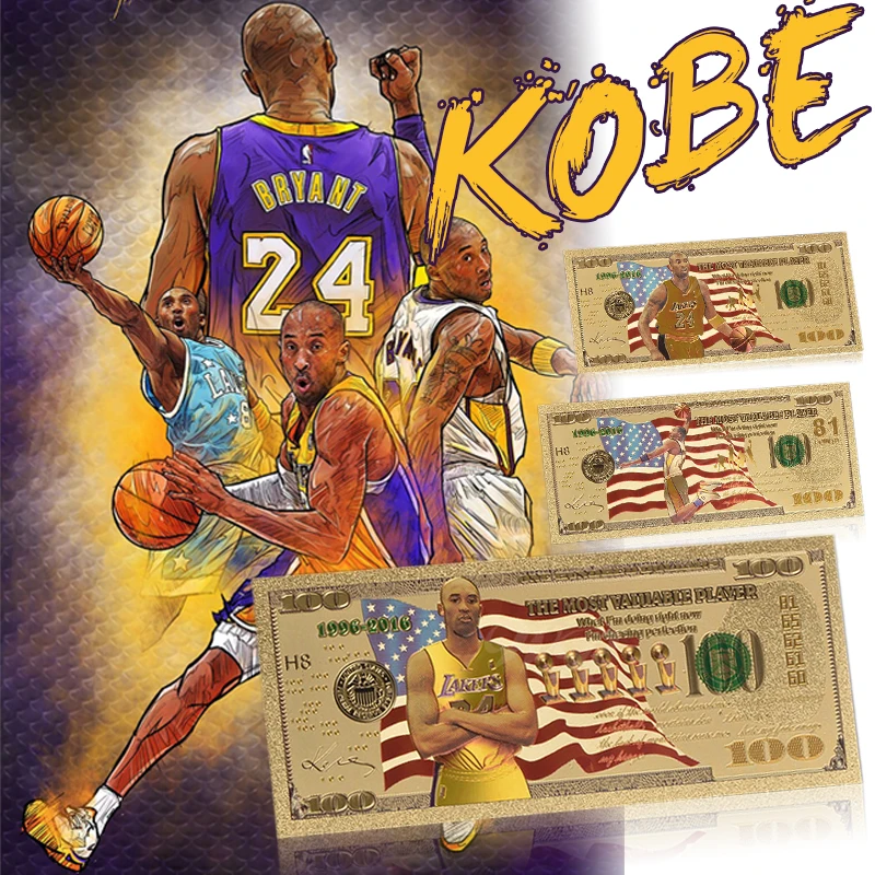WR оригинальная копия 24K золотые банкноты Kobe Lakers NBA Красочные США золотые сувениры Поддельные Банкноты поддельные 100 банкноты долларов