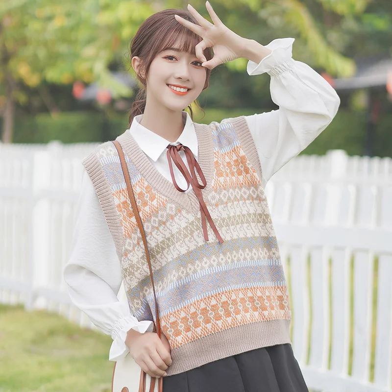 

Vintage V-neck Knitted Vest Sweater Women Sleeveless Pullover Elasticity Sweater Loose Female Casual Oversized Knitted Vest 2021