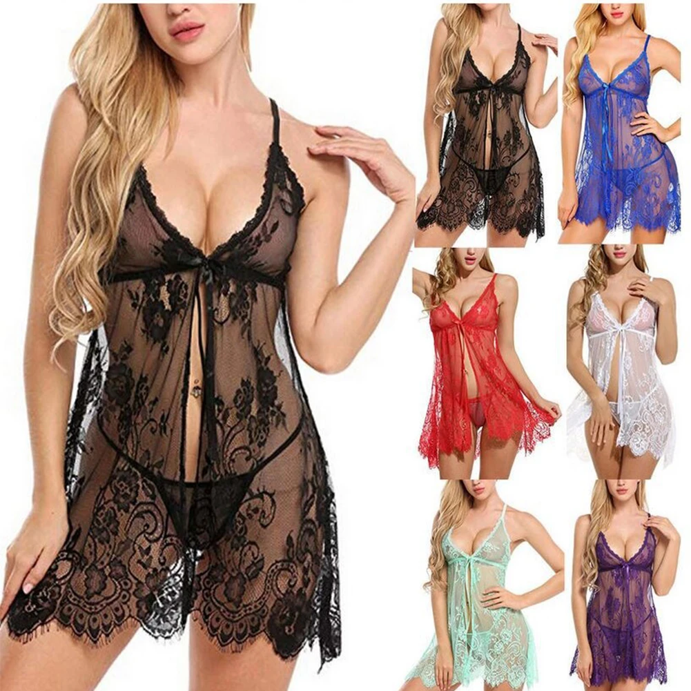 

Women Sexy Lingerie Set 2-Piece See Through Floral Sling Cardigan Floral Lace Hip Length Dress Sexy Thong Underwear Lingerie Set